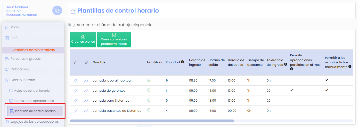 Pantalla de plantillas de control horario