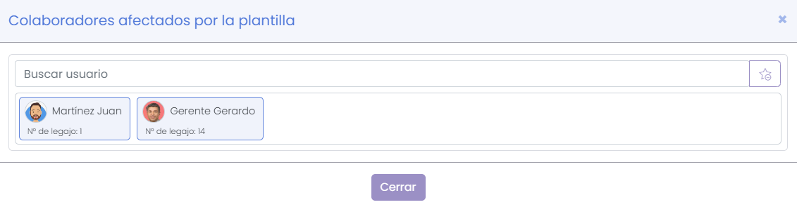 Pantalla de usuarios afectados por la plantilla