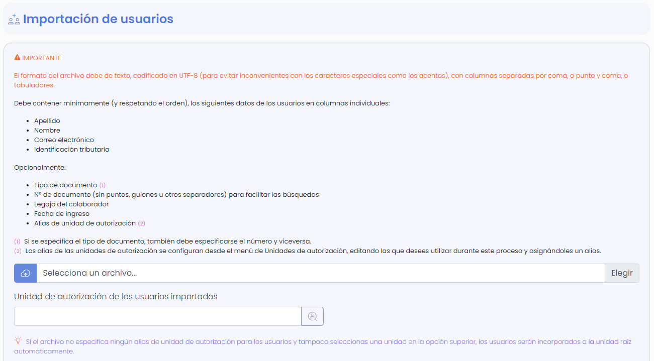 Menú de importación