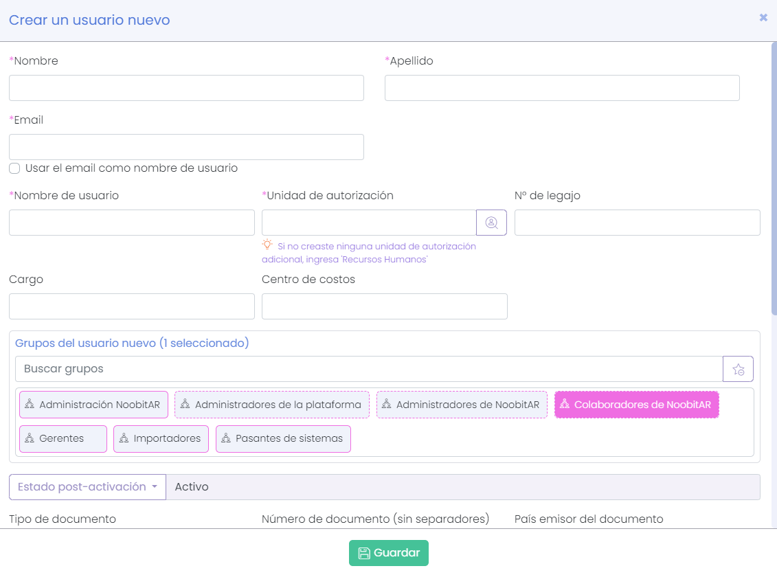 Pantalla de usuario nuevo