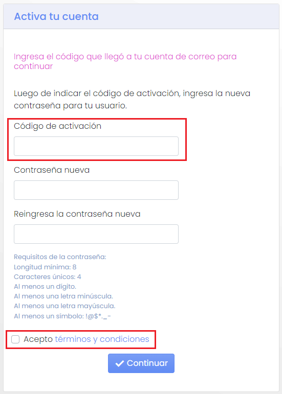 Pantalla de activación de cuenta