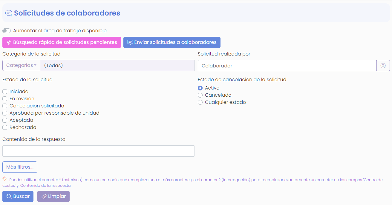 Pantalla de solicitudes